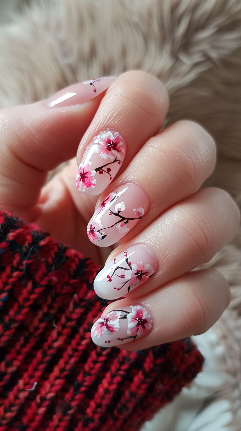 Almond nails with a sheer pink base showcase intricate cherry blossoms and fine branches, creating a delicate, airy feel perfect for a gentle, floral aesthetic.