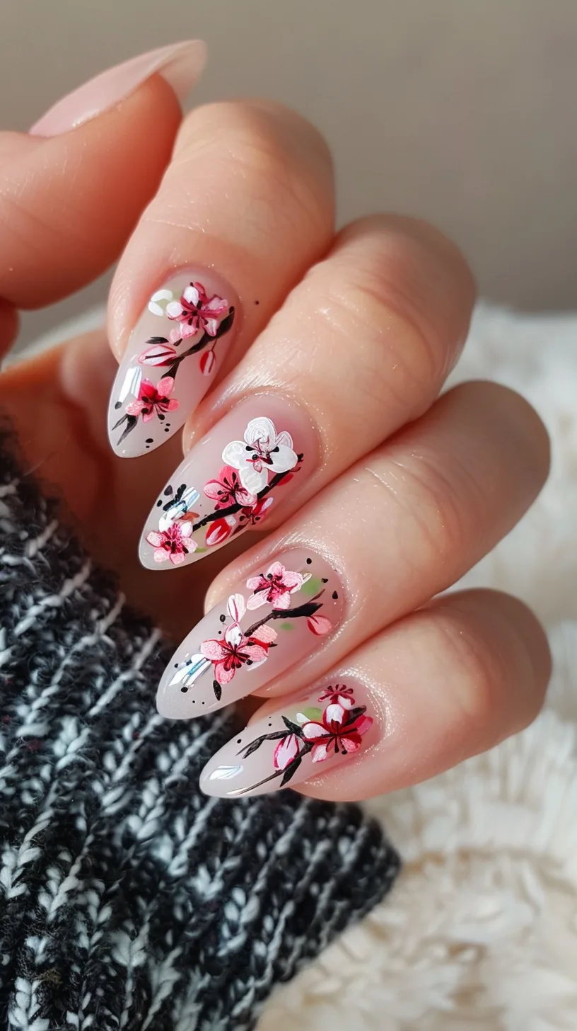 Vivid pink cherry blossoms with black details bloom on clear-based nails, interspersed with subtle glitter for a lively, spring-inspired look.