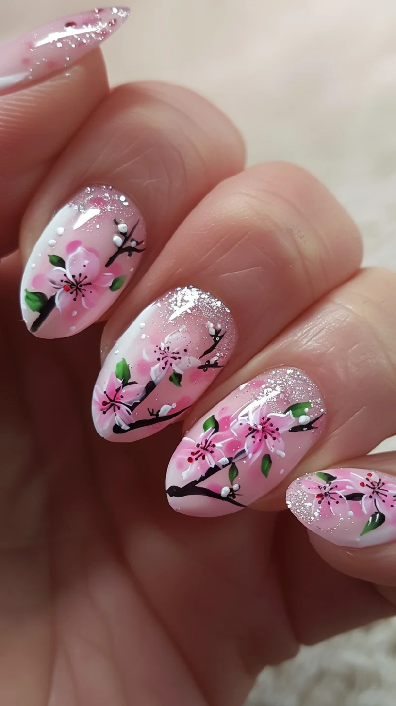 The nail art features a glossy, semi-sheer pink base with vibrant cherry blossom designs and subtle leaves on dark branches.