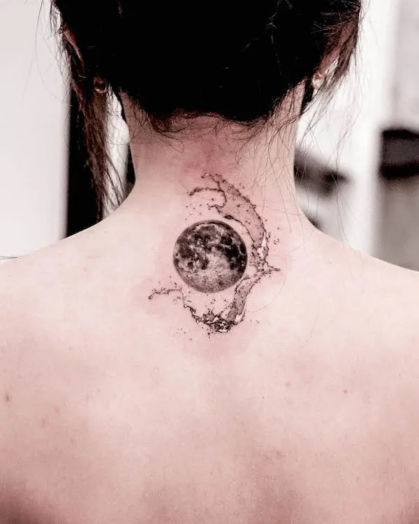 Water and moon back of neck tattoo by @jz_inker