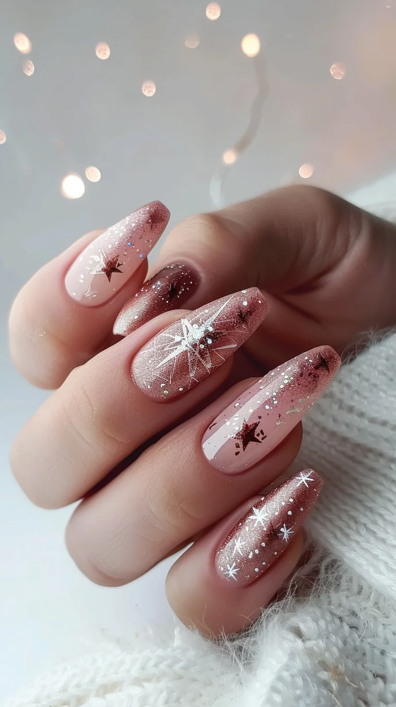 This nail design features a dreamy rose gold ombre effect with a soft pink base. Each nail is adorned with delicate starburst and constellation patterns, giving them a celestial look. The glittering accents and varying sizes of stars add depth and sparkle, making this a perfect choice for a festive yet elegant appearance.