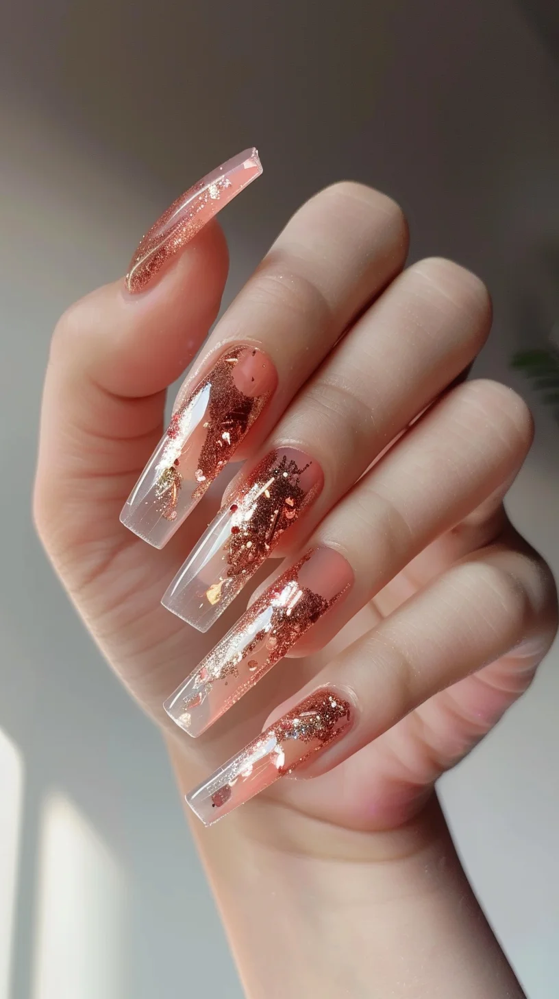 Long coffin nails feature a stunning combination of clear and nude bases with rose gold glitter. The glitter transitions from the base to the tips, creating a cascading effect. This look is both elegant and trendy, perfect for making a bold fashion statement while maintaining a touch of sophistication.