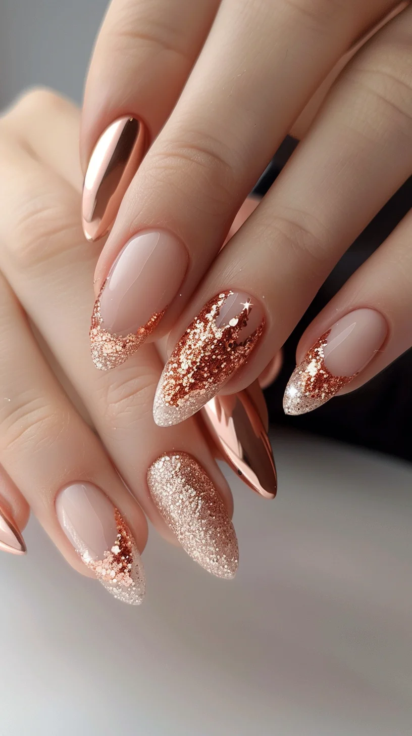 A mix of matte nude and metallic rose gold finishes creates a striking contrast on these almond-shaped nails. Rose gold glitter is artfully applied to the tips, adding a gradient effect that shimmers beautifully. The combination of textures and finishes makes this design chic and versatile, suitable for any event.