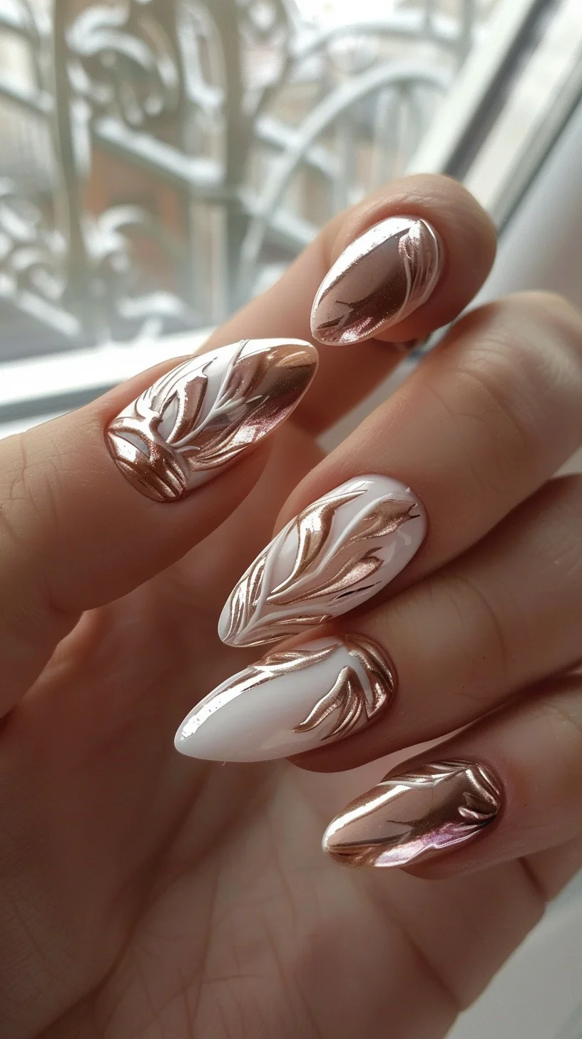 White and rose gold create a stunning combination in this intricate nail design. The white base is accentuated with rose gold metallic swirls, giving a 3D effect that is both elegant and artistic. This design blends classic and contemporary elements, making it a standout choice for those who appreciate detailed nail art.