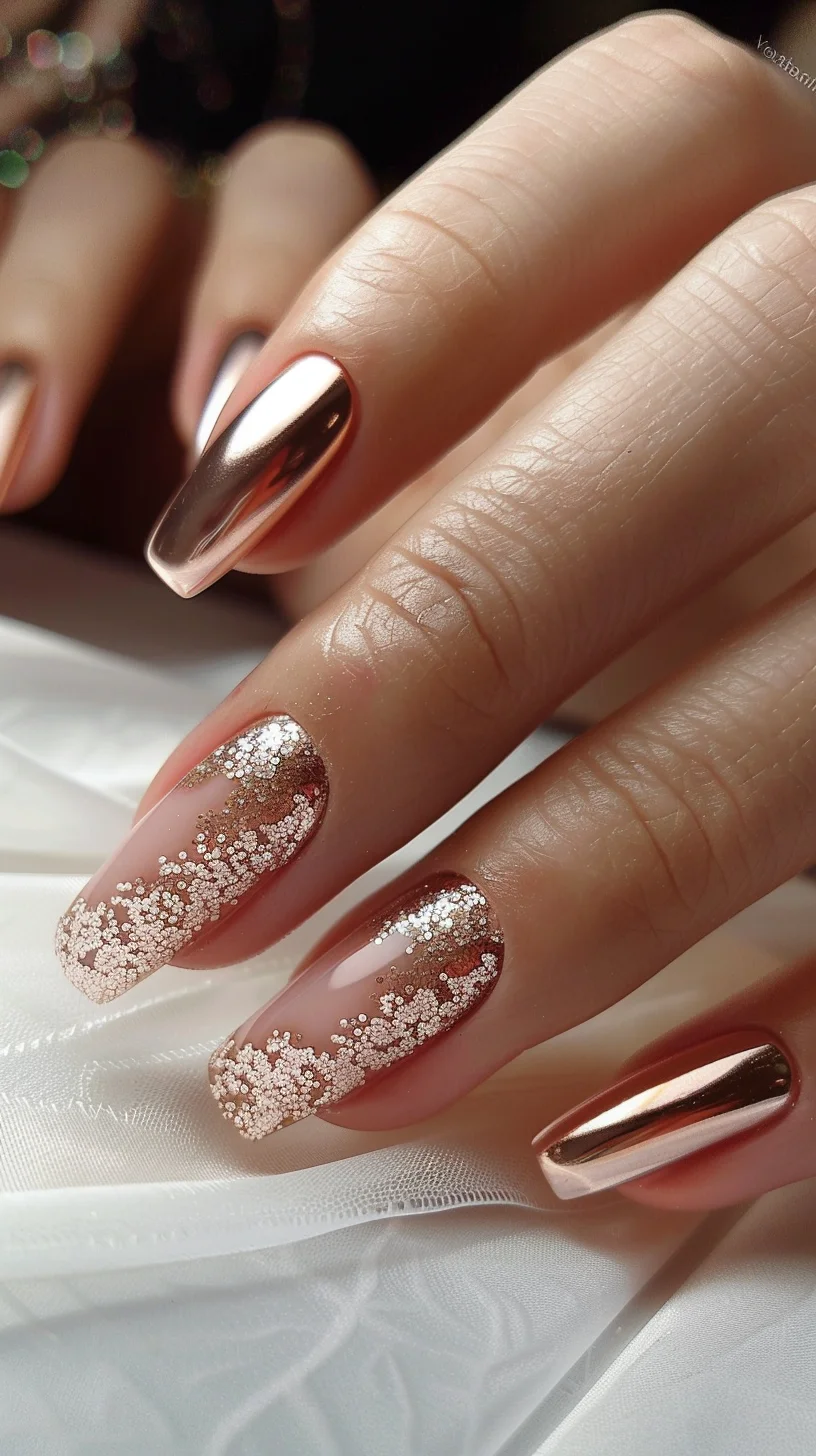 Nails shine with a combination of metallic rose gold and glitter. Solid metallic nails are paired with a glitter gradient, starting thick at the tips and dispersing toward the cuticles. This mix of textures and finishes creates a luxurious look, perfect for adding glamour to any outfit.