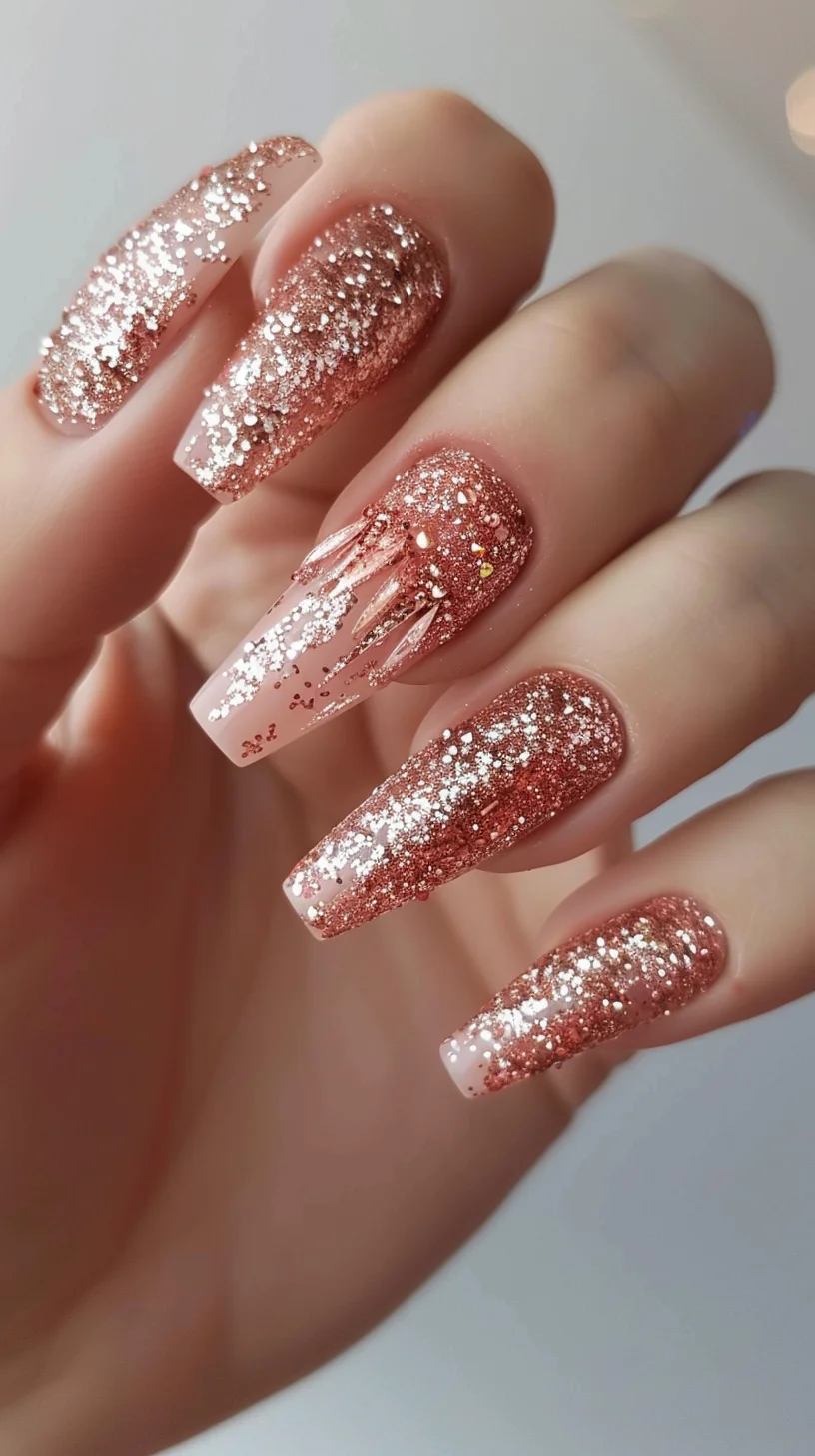 Coffin nails are completely covered in rose gold glitter, creating a dazzling effect. The glitter is dense and reflective, making each nail sparkle intensely. This full-glitter design is ideal for those who love an all-out glamorous look that captures attention and shines brightly in any light.