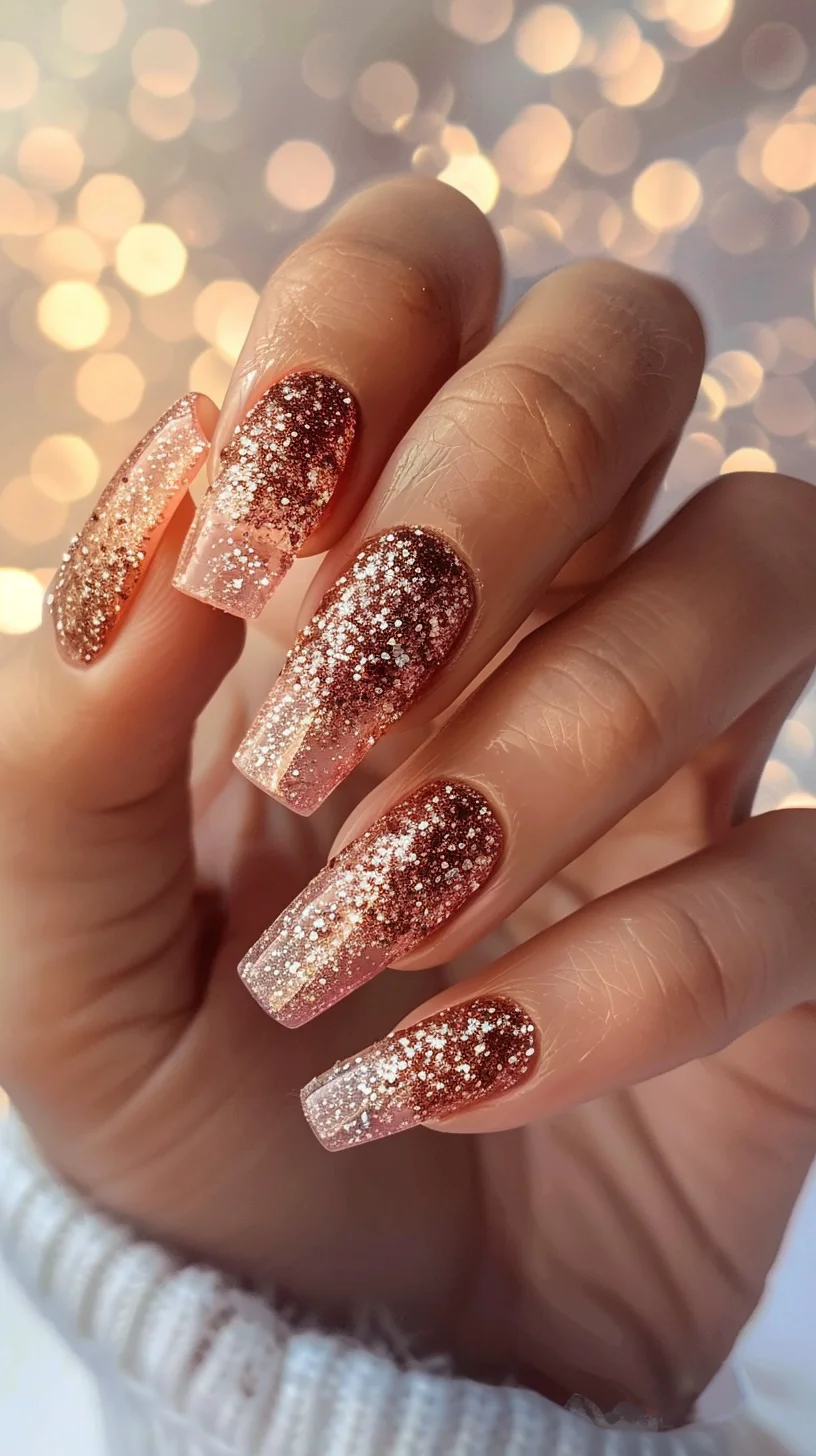 A stunning gradient of rose gold glitter on nude coffin nails. The glitter transitions smoothly from the tips to the middle of the nails, creating a beautiful ombre effect. This design is perfect for adding a touch of elegance and sparkle, suitable for both everyday wear and special occasions.