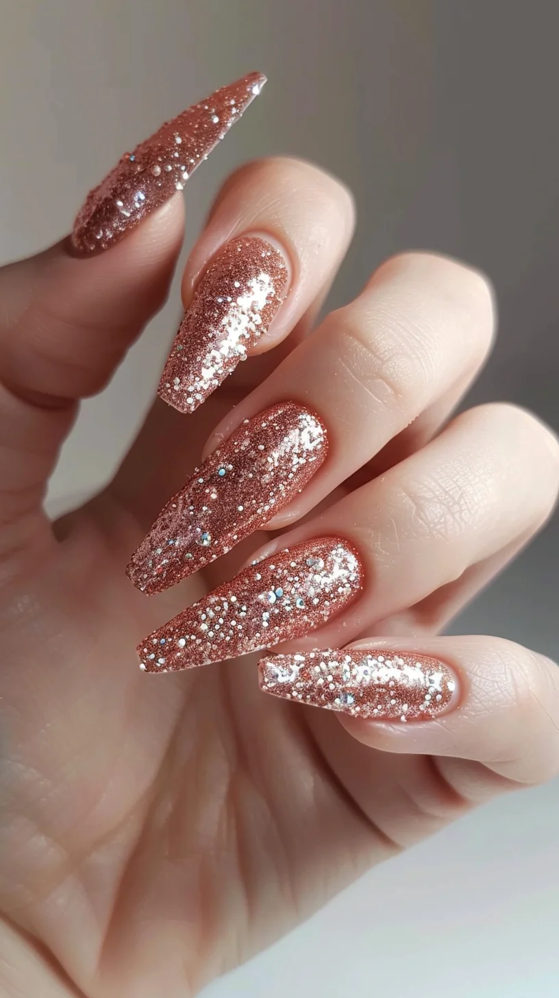 Coffin nails fully adorned in rose gold glitter, creating a luxurious, shimmering effect. Each nail sparkles intensely with densely packed glitter, reflecting light beautifully. This design is a glamorous choice for those who love a full-on glittery look that stands out and adds a dazzling touch to any outfit.