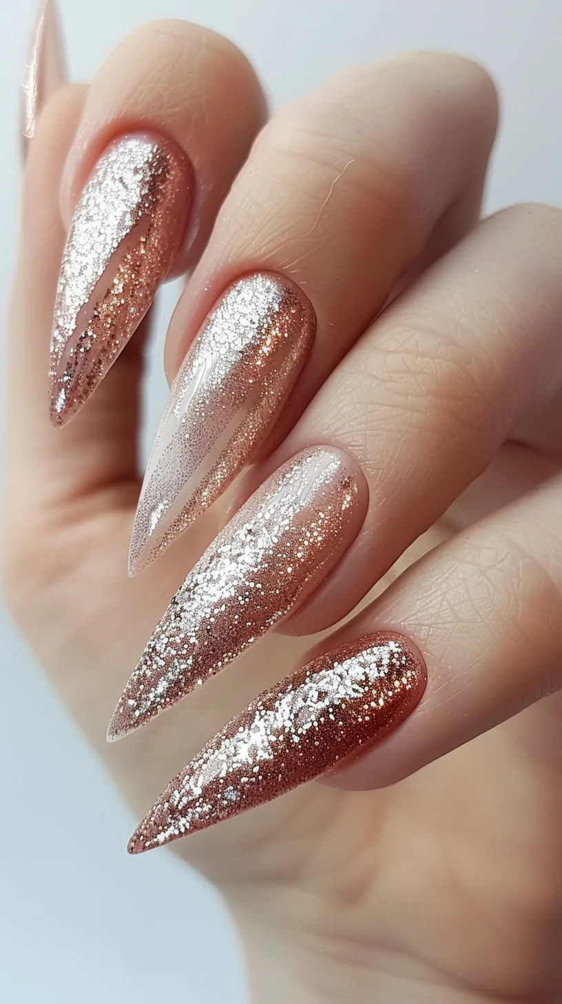 Stiletto nails with a stunning gradient of rose gold and silver glitter. The ombre effect starts with rose gold at the base, blending seamlessly into silver towards the tips. This sparkling design is both elegant and edgy, perfect for making a statement with its unique combination of metallic hues.