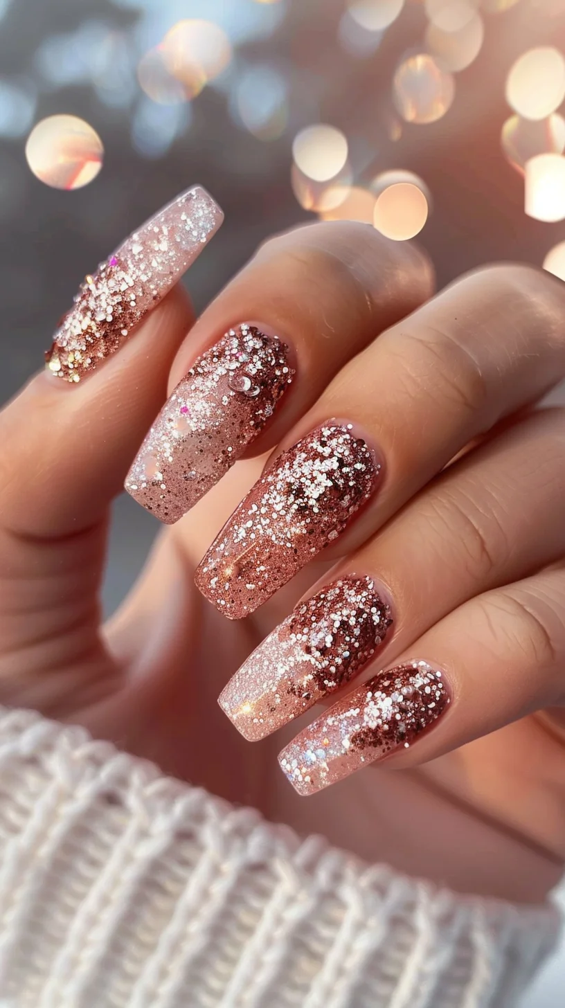 Coffin nails featuring a rose gold glitter gradient. The glitter starts dense at the base, fading towards the tips for a captivating ombre effect. This design blends sophistication and sparkle, making it an excellent choice for any occasion where you want to add a touch of glam to your look.