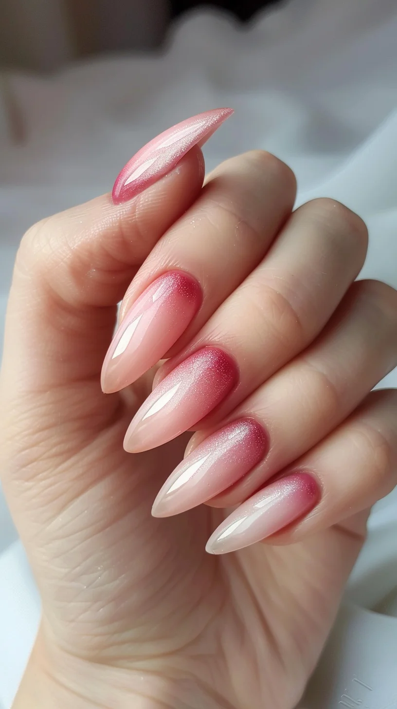 Stiletto nails with a soft, rosy ombre effect. The gradient moves from a deep rose at the base to a translucent nude at the tips, creating a subtle yet stunning look. This design adds a touch of color and sophistication, ideal for both casual and formal settings.