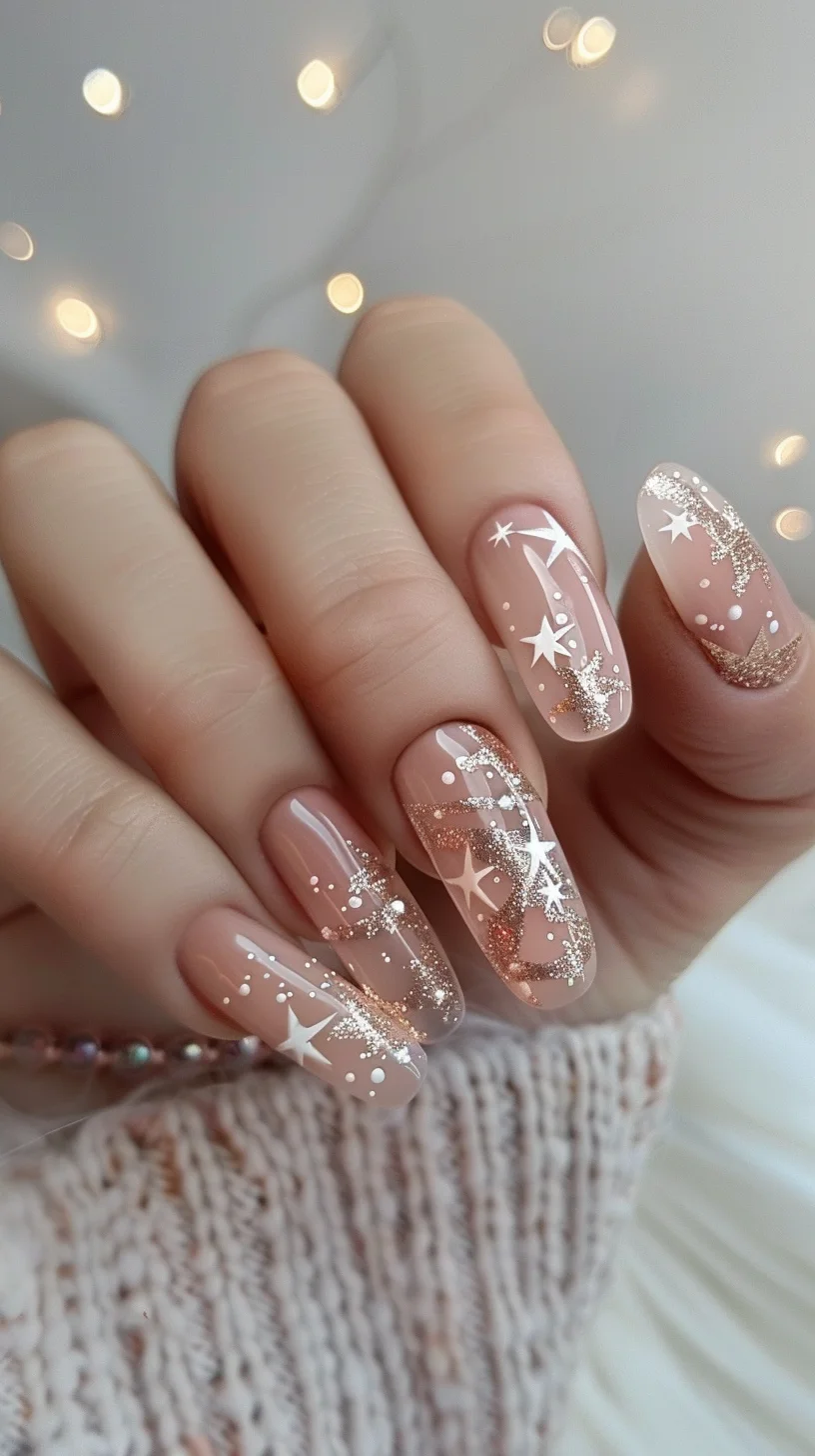 A sophisticated rose gold manicure showcases a glossy nude base with intricate rose gold glitter accents. Stars and delicate sparkles are meticulously placed across each nail, creating a cohesive and stylish look. This design is both subtle and eye-catching, perfect for those who love a touch of glamour without overwhelming their look.