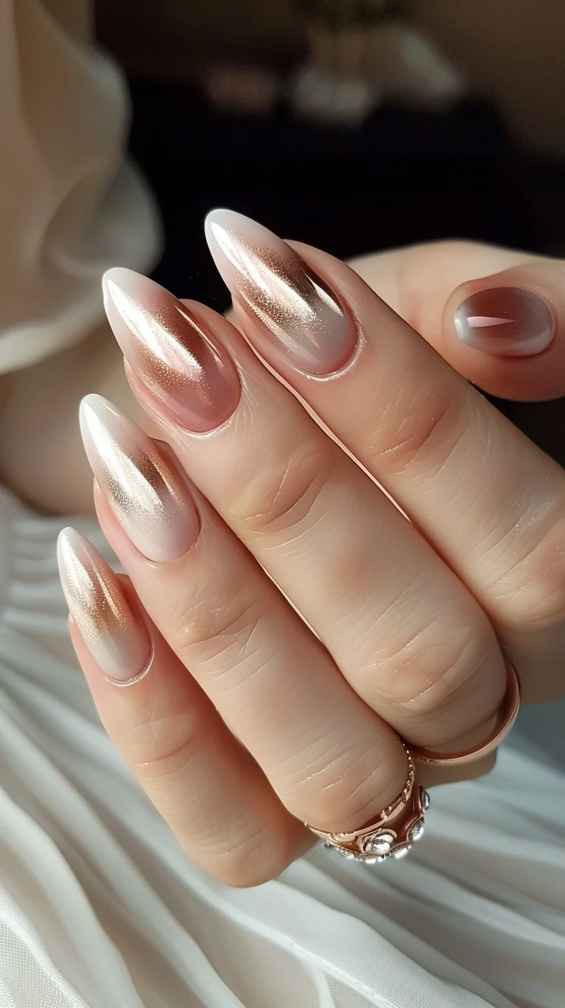 Almond-shaped nails featuring a blend of nude and rose gold chrome finishes. The nails transition smoothly from a glossy nude base to a metallic rose gold tip, adding a unique and elegant shine. This design combines simplicity with a metallic twist, perfect for a modern, chic look.