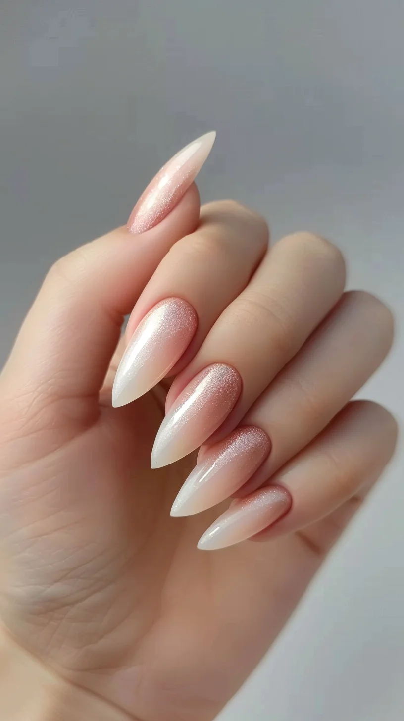 Stiletto nails showcasing a beautiful gradient from nude to rose gold glitter. The transition is smooth, with the glitter becoming more concentrated towards the tips. This design is both elegant and glamorous, offering a refined look with a sparkling touch that enhances any outfit.