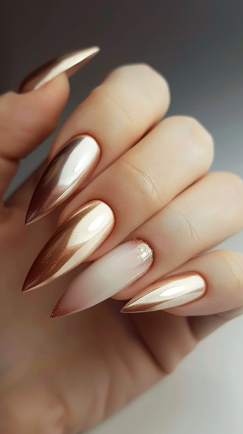 Stiletto nails feature a chic mix of rose gold and nude tones. The gradient effect moves from metallic rose gold at the base to a soft nude at the tips, creating a sleek and modern look. A touch of glitter on one accent nail adds a hint of sparkle, making this design both elegant and contemporary.