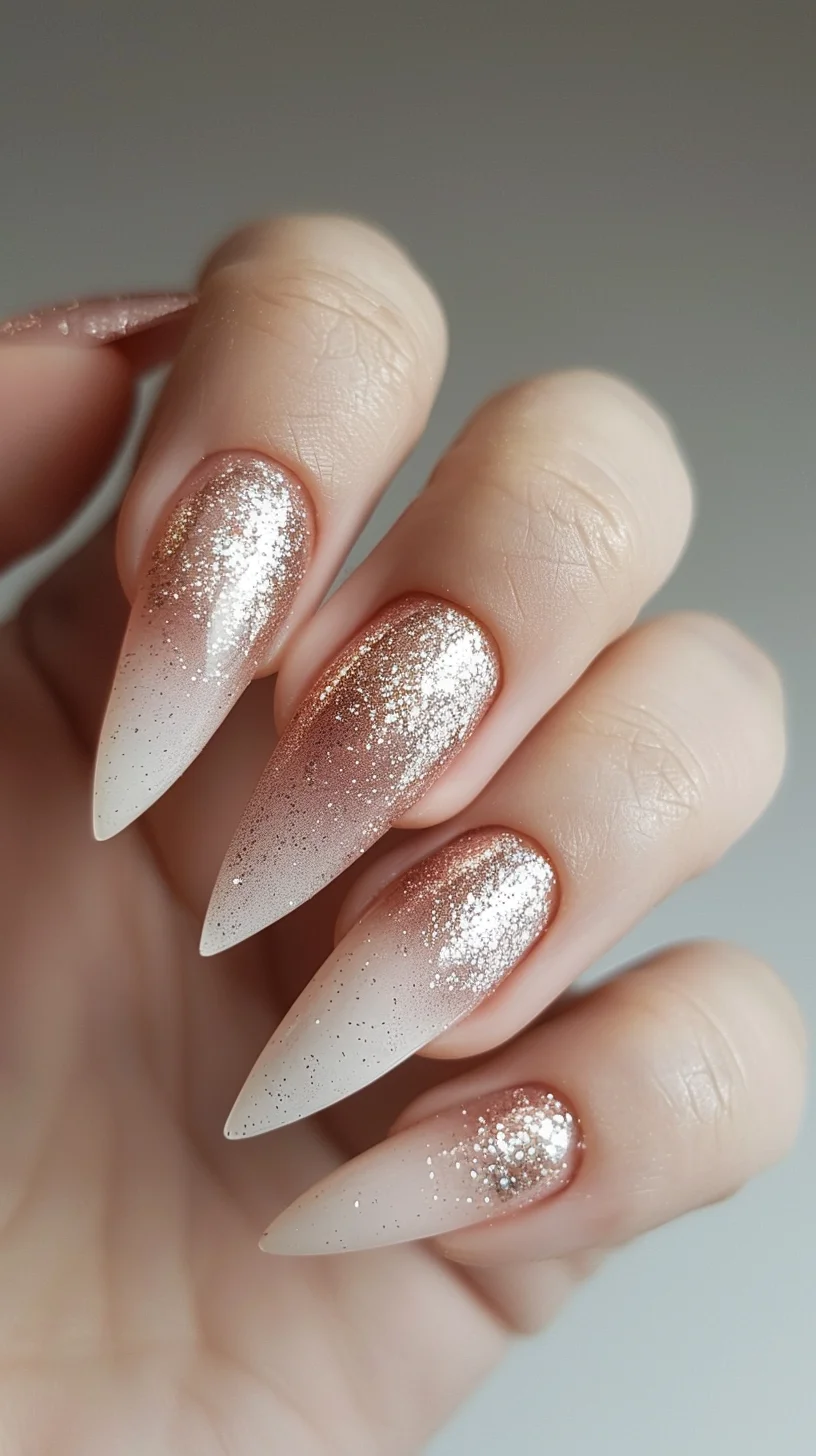 These stiletto nails display a mesmerizing ombre effect, transitioning from rose gold glitter at the base to a frosty white at the tips. The glitter provides a sparkling finish that catches the light beautifully. This design is perfect for a glamorous look, ideal for special occasions or adding a bit of magic to everyday style.