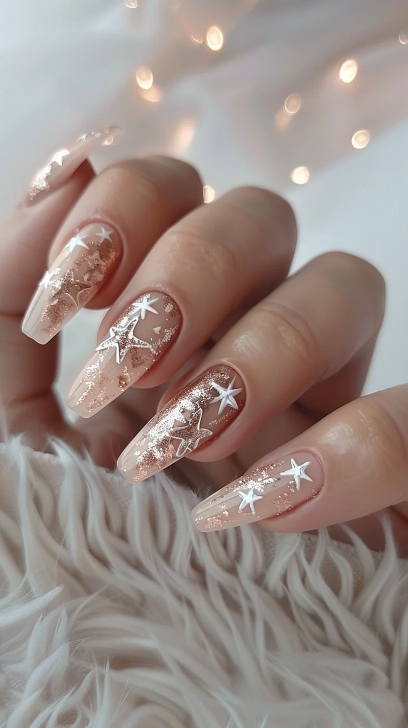 Coffin nails are adorned with a mix of rose gold glitter and delicate white star decals. The nude base allows the glitter and stars to stand out, creating a celestial-inspired design. This look is whimsical yet sophisticated, perfect for those who want a unique and sparkling manicure that feels dreamy and enchanting.