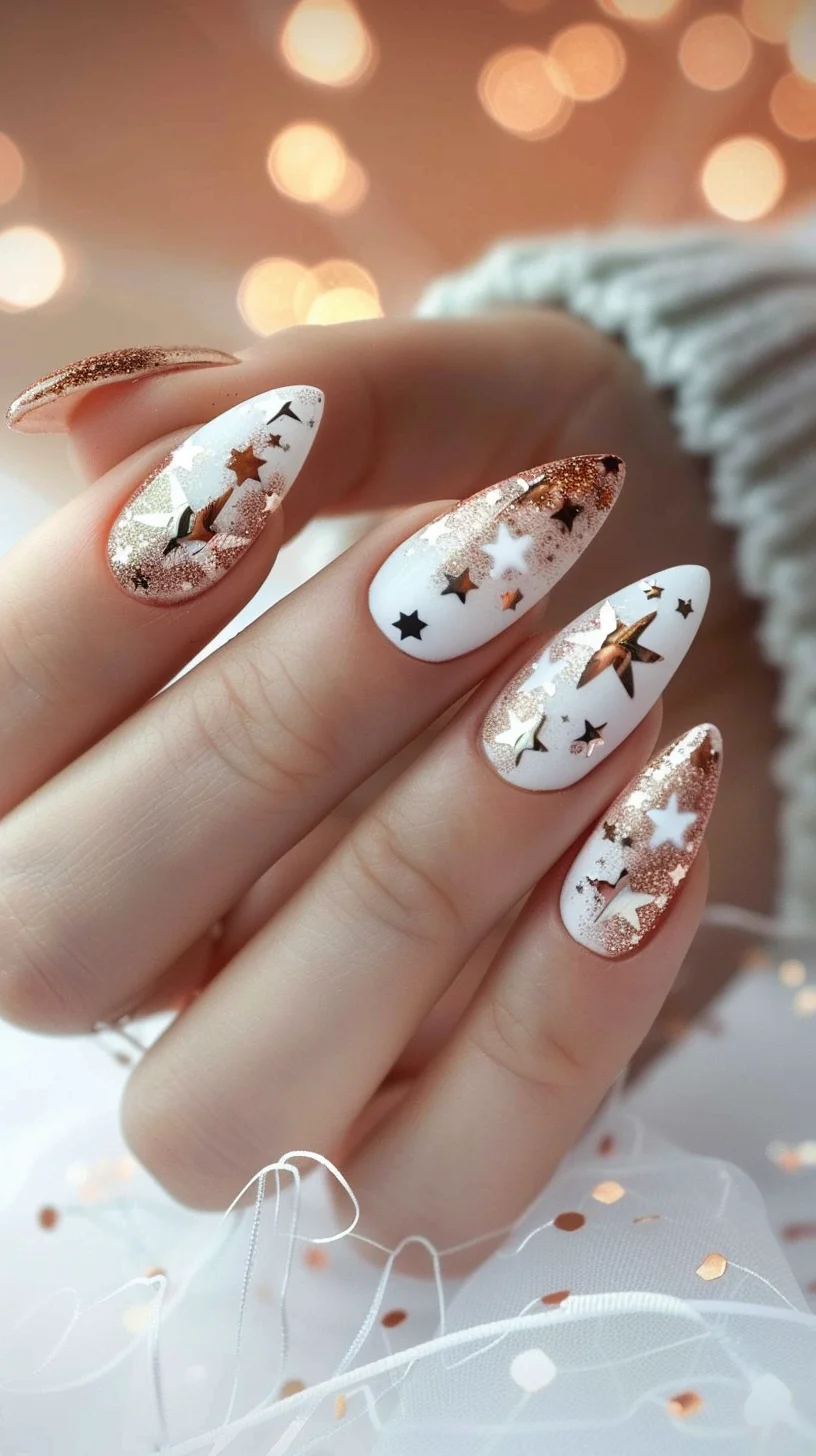 This stunning design combines a pure white base with rose gold stars and glitter, creating a striking contrast. The nails are adorned with a variety of star shapes and sizes, giving a playful yet chic vibe. The rose gold accents shimmer beautifully against the white, making this a standout look for any occasion.