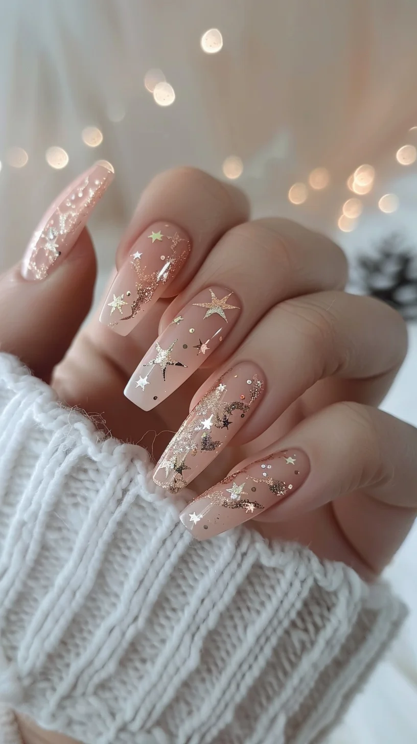 This design showcases a lovely nude base with rose gold glitter and star accents, creating a celestial theme. The nails are adorned with various sizes of glitter stars, moons, and specks, giving a whimsical and enchanting look. This design exudes elegance and charm, perfect for adding a touch of sparkle to any outfit.