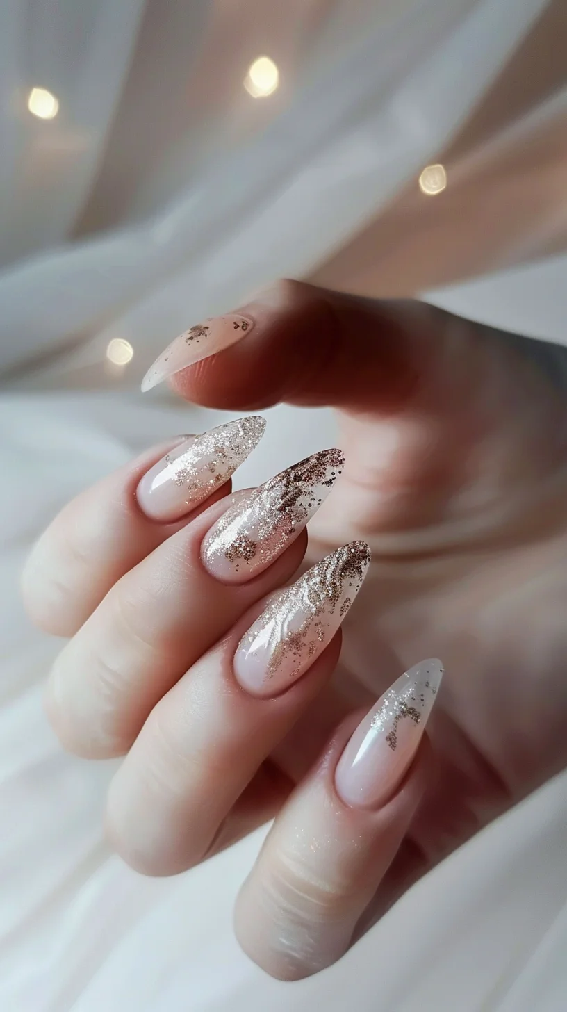 Featuring a clear and nude ombre base, this design is brought to life with rose gold glitter. The glitter is concentrated at the tips, creating a beautiful gradient effect that cascades down the nails. Subtle, delicate glitter particles add a hint of shine, making this design sophisticated and stylish for any occasion.