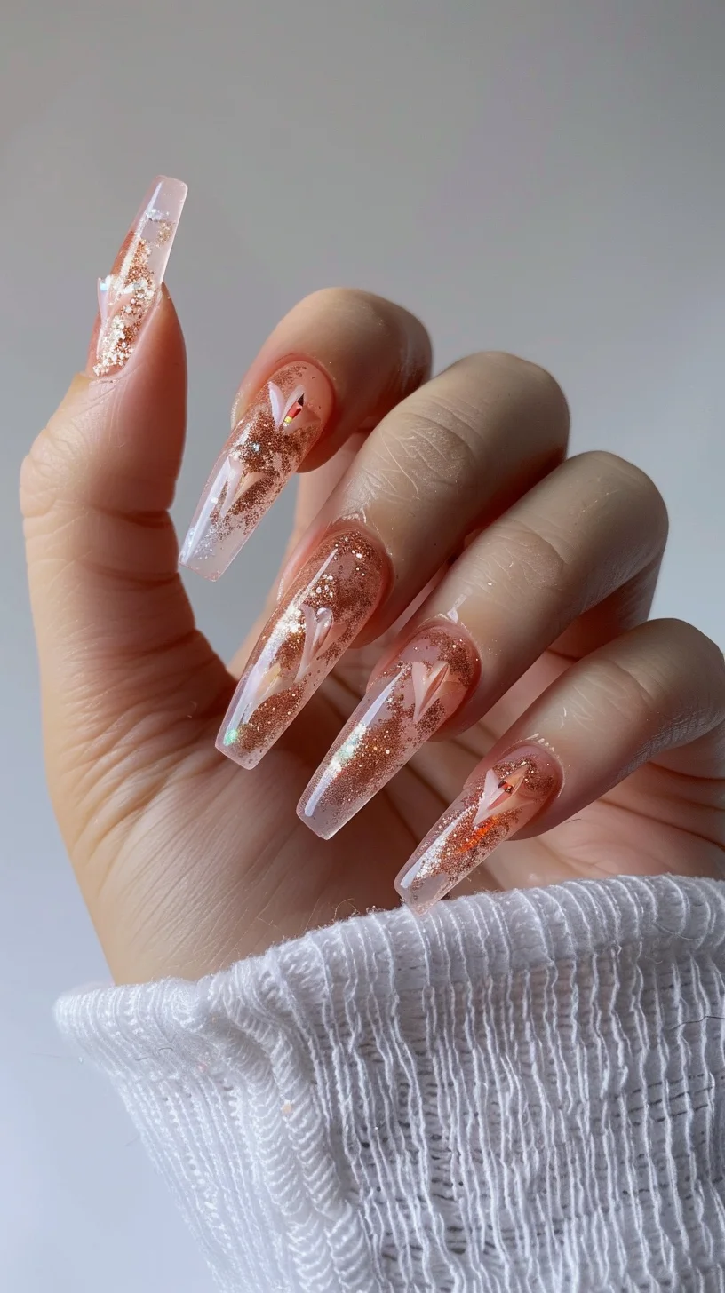 This striking design combines clear and nude bases with bold rose gold glitter accents. The nails are enhanced with geometric rose gold foil and glitter patterns, adding a modern and artistic flair. The use of transparent and rose gold elements creates a unique and eye-catching look, perfect for those who love contemporary nail art.