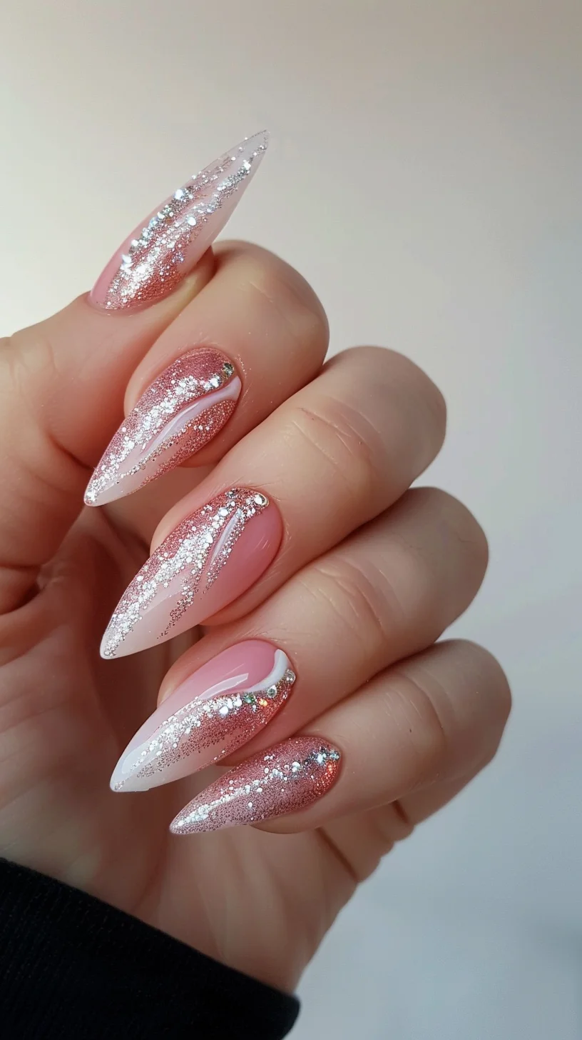 Rose gold glitter sweeps diagonally across these almond-shaped nails, creating a dynamic look. A delicate touch of white enhances the design, adding contrast and elegance. Small rhinestones near the cuticle provide a hint of sparkle, making this manicure a chic choice for any special occasion.