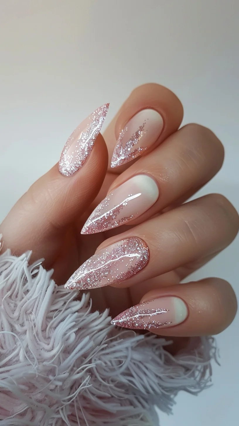 A soft pink base is complemented by a gradient of rose gold glitter on these stiletto nails. The glitter starts at the tips and fades as it moves towards the cuticles, creating a dazzling ombre effect. This design is both feminine and glamorous, perfect for adding a touch of sparkle to your everyday style.