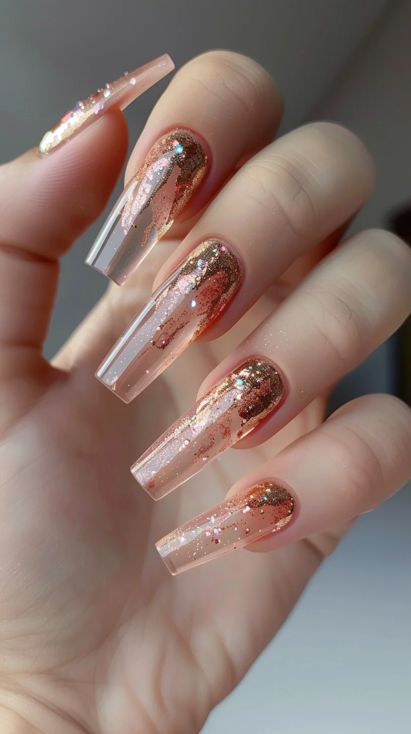 This design features long, clear coffin nails with rose gold accents that blend with nude tones. The glitter is concentrated at the cuticles and creates an abstract, artistic effect as it spreads down the nail. This combination of clear and rose gold elements gives a modern, sophisticated look that stands out beautifully.