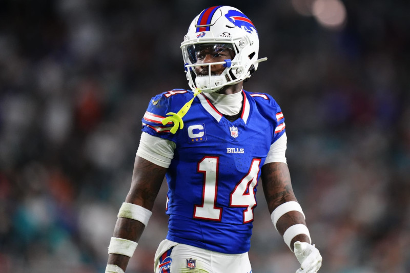 MIAMI GARDENS, FLORIDA - JANUARY 07: Stefon Diggs #14 of the Buffalo Bills looks on against the Miami Dolphins during the second half at Hard Rock Stadium on January 07, 2024 in Miami Gardens, Florida. (Photo by Rich Storry/Getty Images)