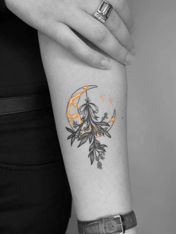 Blackwork moon kintsugi tattoo by @ladyb.ink