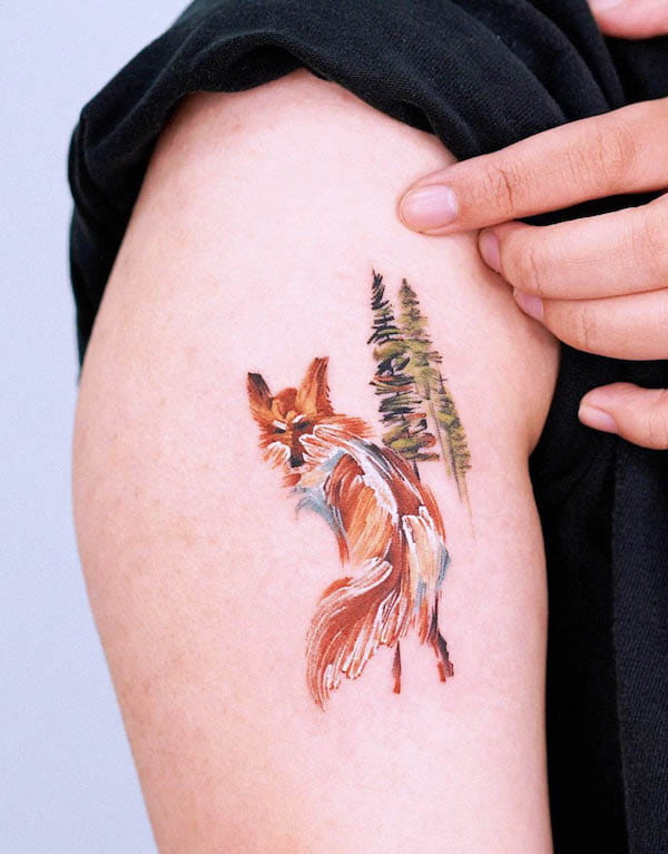 Brush-style fox and tree tattoo by @tattooist_zela