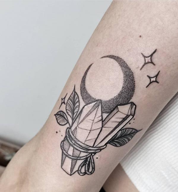 Crystal with moon and stars tattoo black and grey