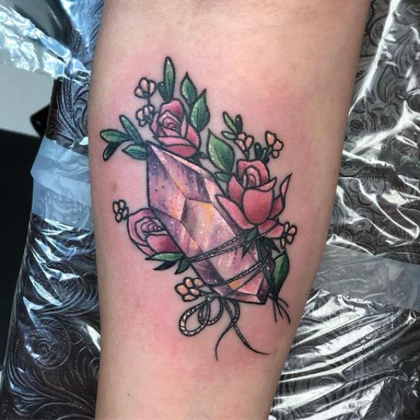 Crystal with rose flowers tattoo