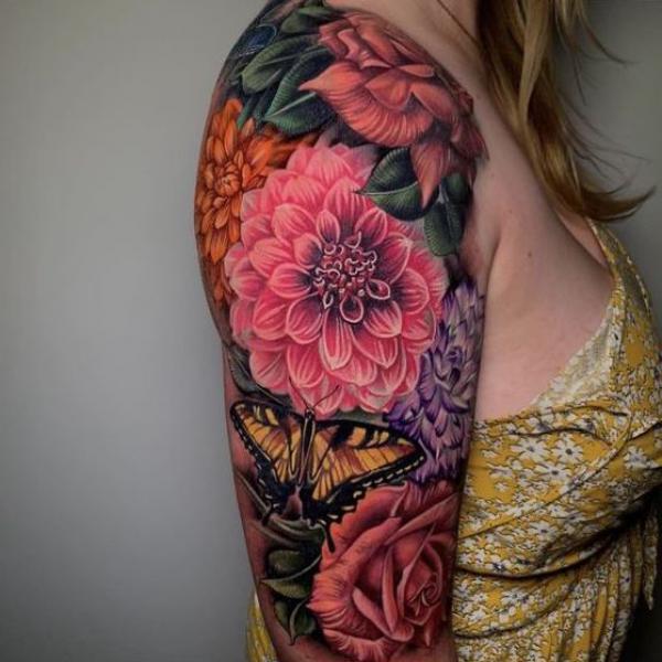 Dahlia and butterfly tattoo