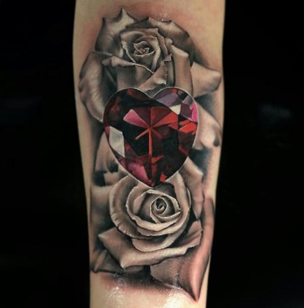 Dark roses and heart crystal tattoo