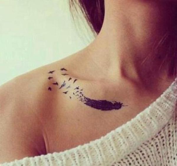 Feather with birds clavicle tattoo