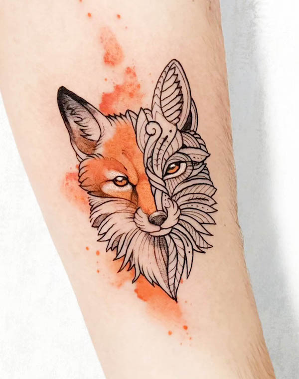 Mixed-style fox tattoo by @theblackbloodtattoo