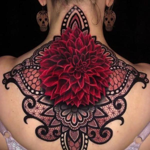 Mandala dahlia tattoo on upper back