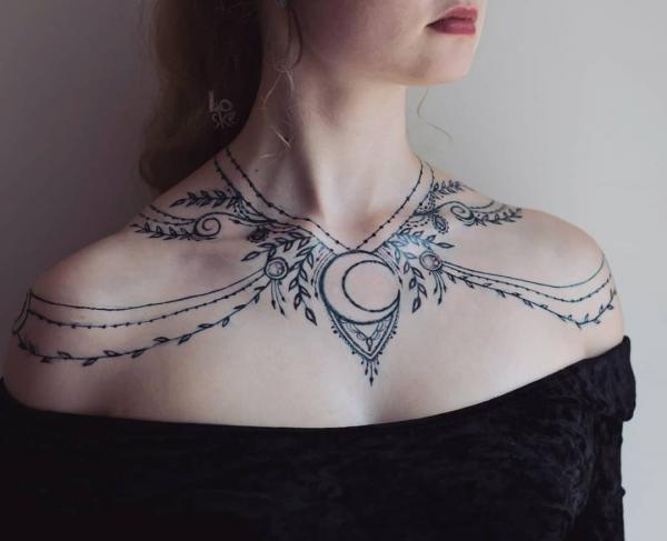 Moon necklace tattoo for women