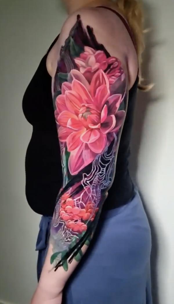 Pink dahlia and grape tattoo