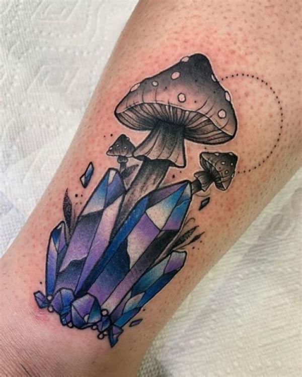 Purple crystal and mushroom tattoo