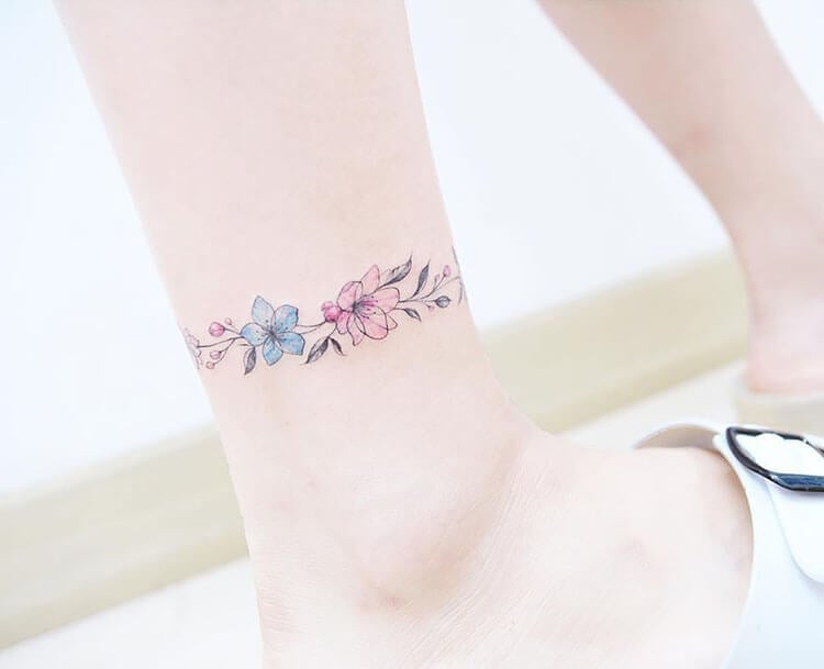 Pink and Blue Floral Tattoo