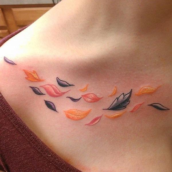 Colorful leaves clavicle tattoo