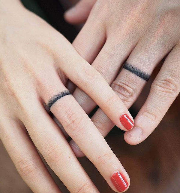 Gradient black line wedding ring tattoos by @jimmyyuen