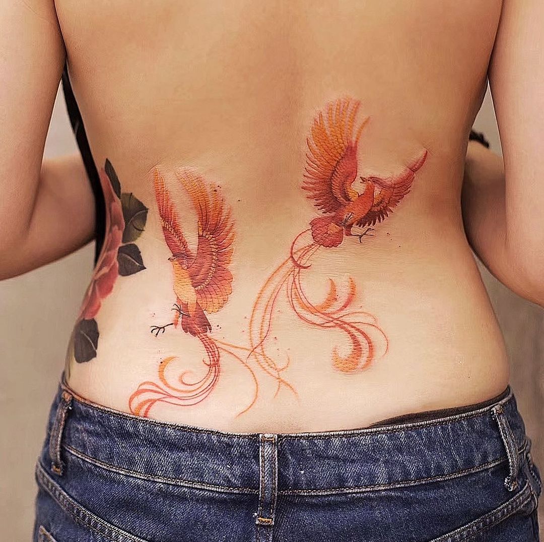 Watercolor Phoenix Back Tattoo