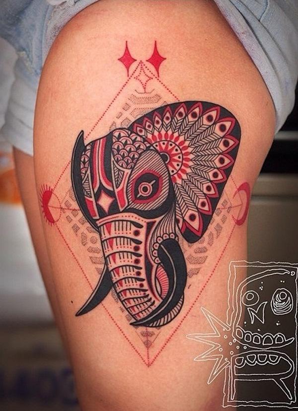 elephant illustration thigh tattoo