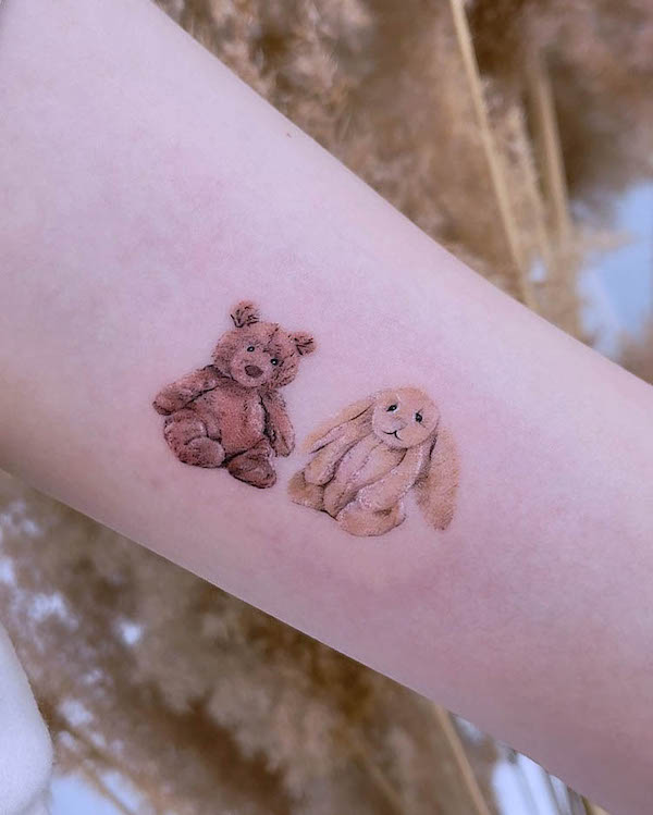 Teddy bear and bunny tattoo by @mia_tattooist