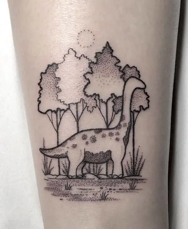 Brontosaurus in the forest by @jessicabrowntattoo