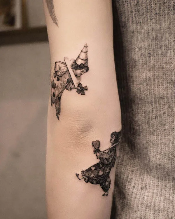 Mini clowns on the elbow tattoo @yumemonchi