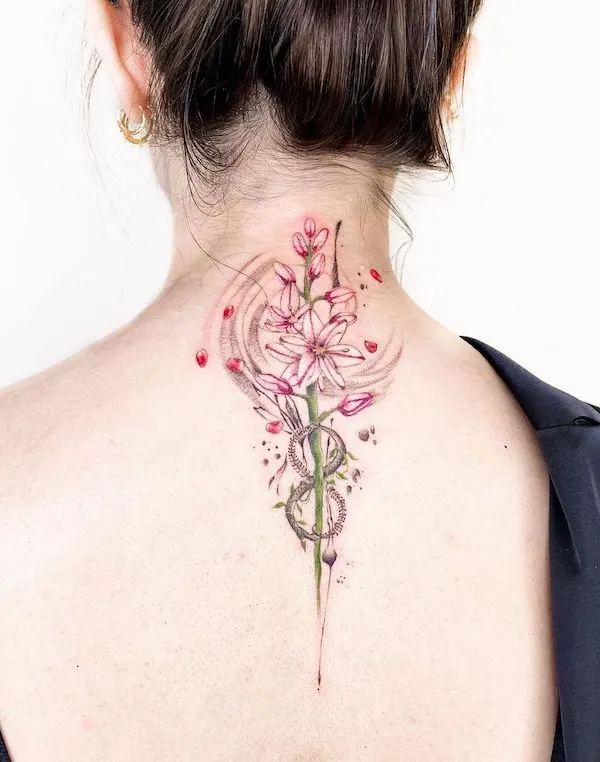 Elegant floral back of neck ouroboros tattoo by @mervseda